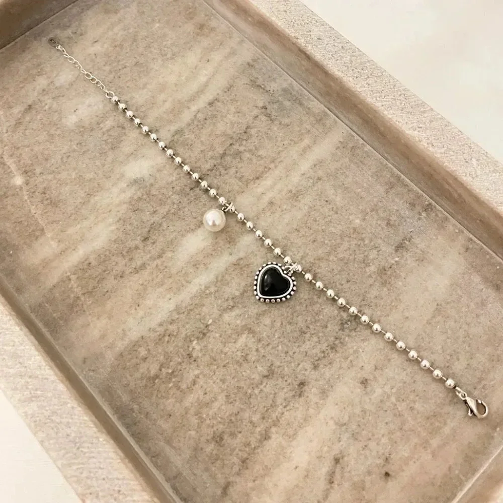925 Sterling Silver Dainty Bead Bracelet Minimalist Heart & Pearl Charm Bracelet